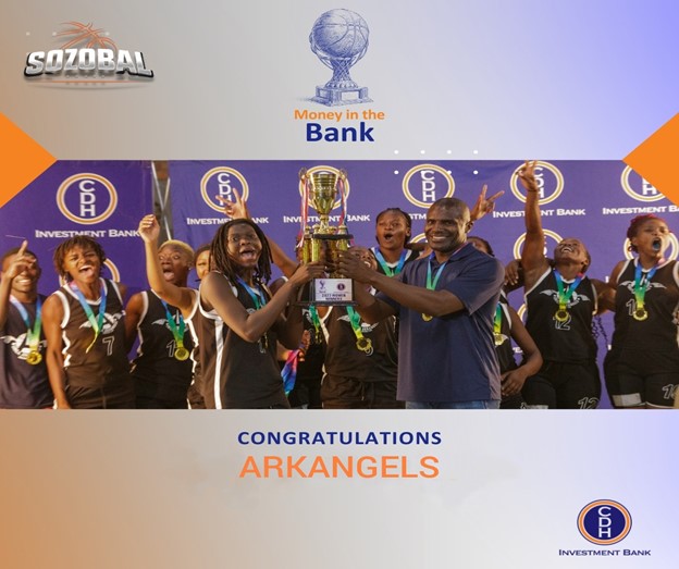 ArkAngels ladies celebrate receiving the champion’s trophy for the CDHIB Money in the Bank basketball tournament from CDH Investment Bank’s Chief Credit Officer, Mr Sungani Mkandawire